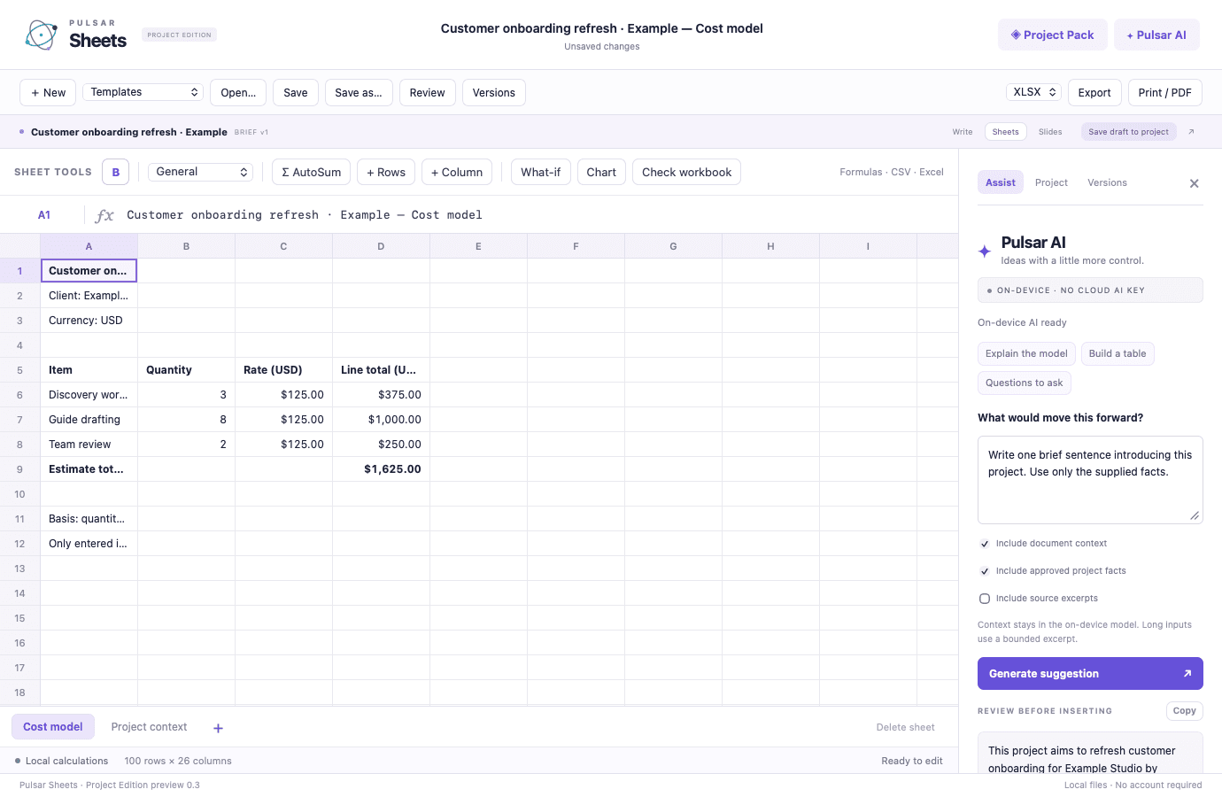 Pulsar Sheets showing an illustrative customer onboarding project