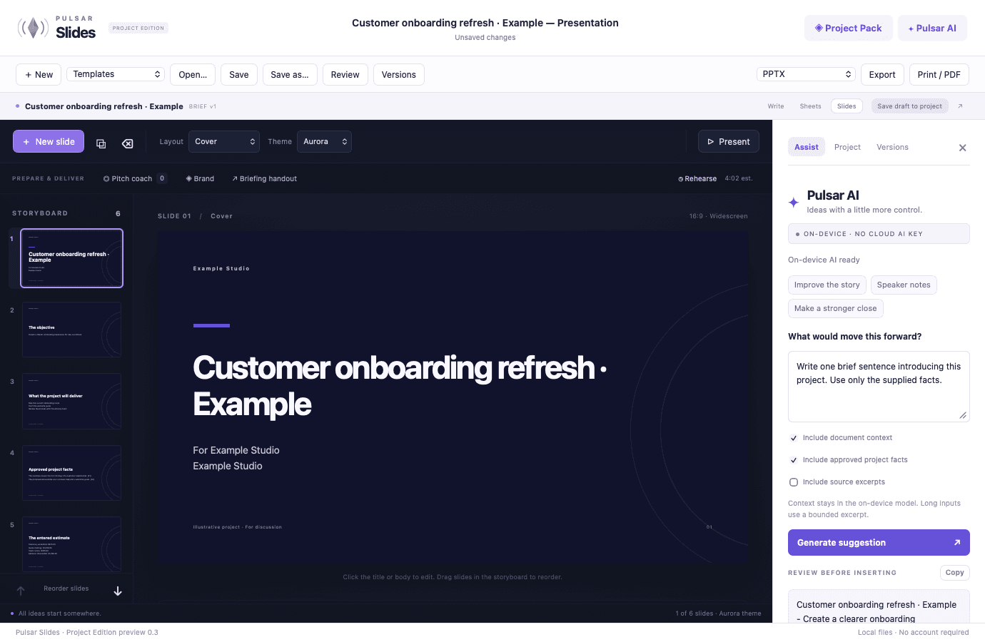 Pulsar Slides showing an illustrative customer onboarding project