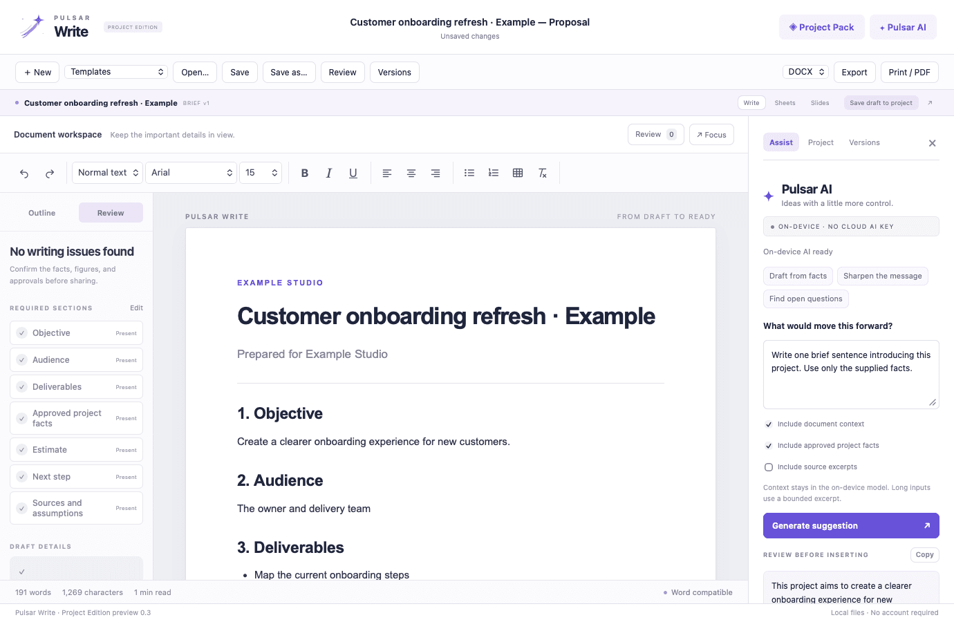 Pulsar Write showing an illustrative customer onboarding project